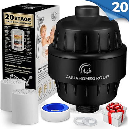 AquaHomeGroup 20 Stage Shower Filter with Vitamin C E for Hard Water - High Output Shower Water Filter to Remove Chlorine and Fluoride - 2 Cartridges Included -Consistent Water Flow Showerhead Filter