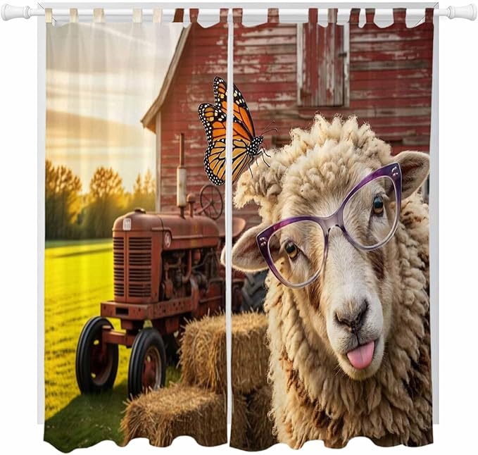 Farm Sheep Living Room Curtains 96 Inch Length, Window Curtains Tab Top, Farmhouse Barn Funny Animals Butterfly Light Filtering Window Treatments Drapes 52"x96" 2 Panel