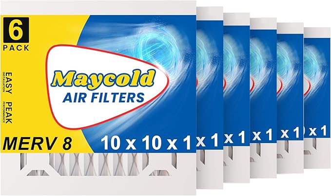 Maycold MERV 8 10x10x1 Furnace Air Filters (6-Pack), Pleated HVAC AC Filters – Actual Size 9.70” x 9.70” x 0.75”, For Residential or Office Use, Individually Wrapped in Plastic