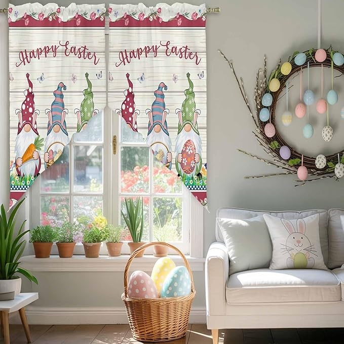 Swag Curtain,Happy Easter Gnomes with Eggs on Grass Kitchen Valances Rod Pocket Curtains Tier Pair Swag Topper,Spring Floral on Wood Barn 2 Panels Window Treatment for Bathroom Living Room Bedroom