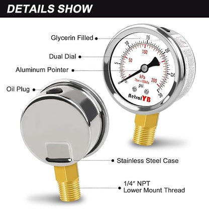 0-30 PSI Pressure Gauge, Glycerin-Filled, 2-Inch Stainless Steel Gauge, 1/4" NPT Lower Mount, Waterproof for Air Compressor, Water Pump, Hydraulic and Pneumatic Systems