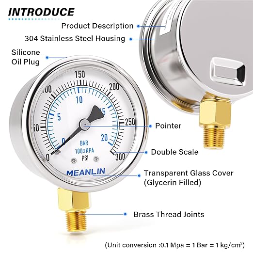 MEANLIN MEASURE 0~300Psi Dry Pressure Gauge Stainless Steel 1/8" NPT 2" FACE DIAL Waterproof for Air Compressor Air Regulator Water Filter Lower Mount, with 1/4" NPT and 3/8" NPT Hex Bushing