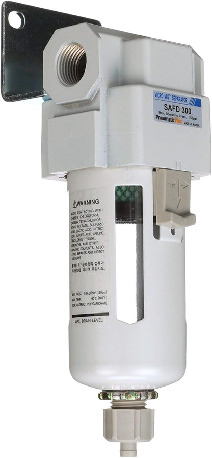 PneumaticPlus SAFD300-N03B Compressed Air Coalescing Filter, 0.01 Micron 3/8" NPT - Poly Bowl, Manual Drain, Bracket