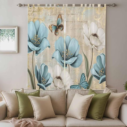 Spring Flowers Living Room Curtains 84 Inch Length, Window Curtains Tab Top, Vintage Rustic Tulips Floral Butterfly Khaki Light Filtering Window Treatments Drapes 52"x84" 2 Panel