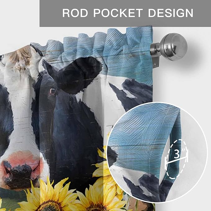 Cow Sunflowers Curtain Valances for Windows, Kitchen Valance Window Treatment, Farmhouse Animal Blue Sky Wooden Grain Light Filtering Block Curtains for Bathroom/Bedroom/Living Room 42'' x 18''