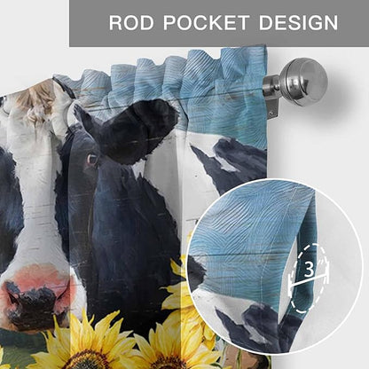 Cow Sunflowers Curtain Valances for Windows, Kitchen Valance Window Treatment, Farmhouse Animal Blue Sky Wooden Grain Light Filtering Block Curtains for Bathroom/Bedroom/Living Room 42'' x 12''