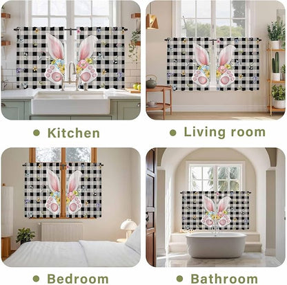 Easter Kitchen Tier Curtains 45 Inch Long 2 Panel Set,Rod Pocket Short Window Treatment,Spring Rabbits Ears Feet Wildflowers Black Plaid Light Filtering Curtains & Drapes for Bathroom 27.5"W x 45"L