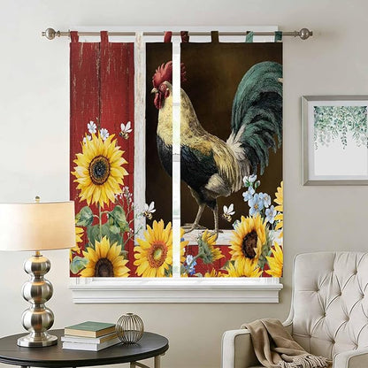 Chicken Sunflowers Living Room Curtains 84 Inch Length, Window Curtains Tab Top, Farmhouse Animals Red Barn Bees Light Filtering Window Treatments Drapes 42"x84" 2 Panel