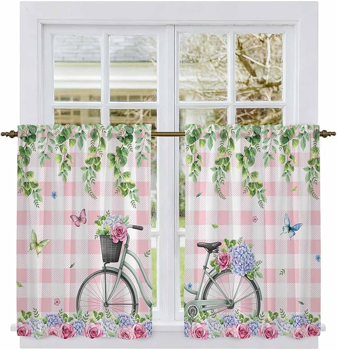 Spring Kitchen Curtains, Bicycles Leaves Butterfly Flowers Pink Buffalo Plaid Light Filtering Window Curtain Panels, 2Pcs Rod Pocket Window Treatments Set for Cabin Bathroom Bedroom 52x45 Inches