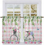 Spring Kitchen Curtains, Bicycles Leaves Butterfly Flowers Pink Buffalo Plaid Light Filtering Window Curtain Panels, 2Pcs Rod Pocket Window Treatments Set for Cabin Bathroom Bedroom 52x45 Inches