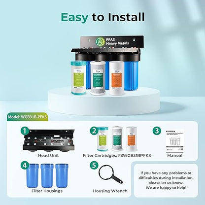 iSpring PFAS & Heavy Metals Removal 3-Stage Whole House Water Filter System, SGS-Tested to Reduce Up to 99% PFOA & PFOS, 10” x 4.5” Filters, 1” Inlet/Outlet, Model: WGB31B-PFKS
