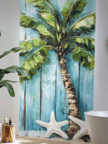 Sheer Curtains 84 Inches Long, Coastal Beach Starfish Semi Sheer Curtains Light Filtering Window Treatment, Blue Green Tropical Palm Tree Wood Grain Privacy Voile Drapes for Living Room 52x84 Inch