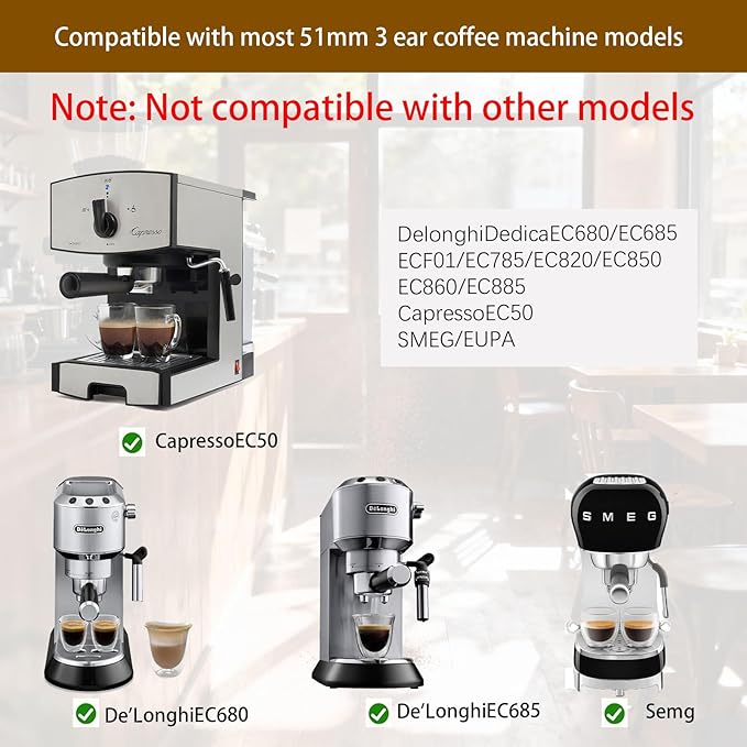 51mm Bottomless Portable Filter, 3 Ears, With 304 Stainless Steel Double Tube Capacity Cup Filter Basket, Only Compatible for Delong Dedica Ec680, Ec685, Smeg And Eupa Coffee Machines