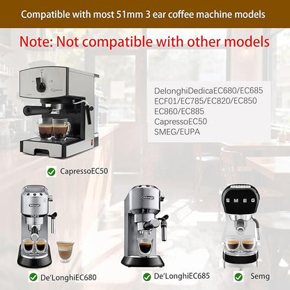 51mm Bottomless Portable Filter, 3 Ears, With 304 Stainless Steel Double Tube Capacity Cup Filter Basket, Only Compatible for Delong Dedica Ec680, Ec685, Smeg And Eupa Coffee Machines