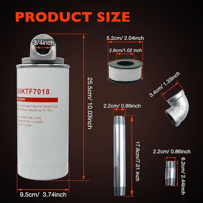 1200KTF7018 Fuel Filter Spin-On Particulate Replacement for Transfer Pumps FR112 FR1210G FR610G,18 GPM Flow Rate,50 PSI- Includes 1200KTG9075 Filter Head, 3/4" ST Elbow, and 3/4" x 7" Nipple