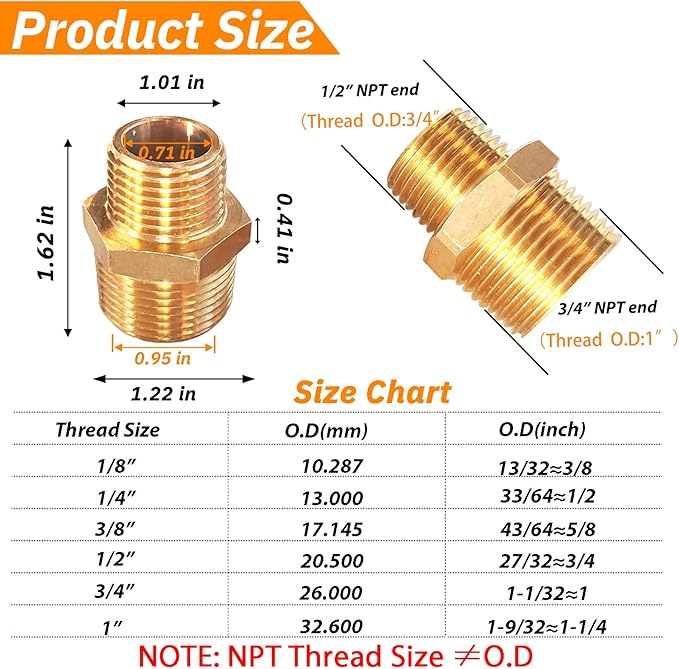 2pcs 3/4" NPT x 1/2" NPT Brass Nipple, 3/4 to 1/2 Adapter Fitting Reducing Solid Hex Nipple, Brass 3/4 Male to 3/2 Male Reducer Pipe Fittings for Extending and Connecting Pipes