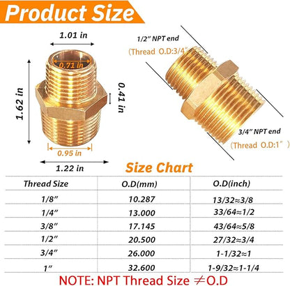 2pcs 3/4" NPT x 1/2" NPT Brass Nipple, 3/4 to 1/2 Adapter Fitting Reducing Solid Hex Nipple, Brass 3/4 Male to 3/2 Male Reducer Pipe Fittings for Extending and Connecting Pipes