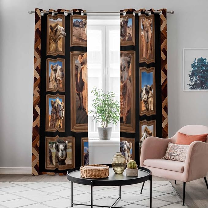 2 Panel Kitchen Cafe Curtains, Desert Camels Sunlight Filtering Nature Air Through, Home Decor Window Covering Tier Curtains for Living Room 104W x 90L inch Brown Wildlife Farmhouse Animals Rustic