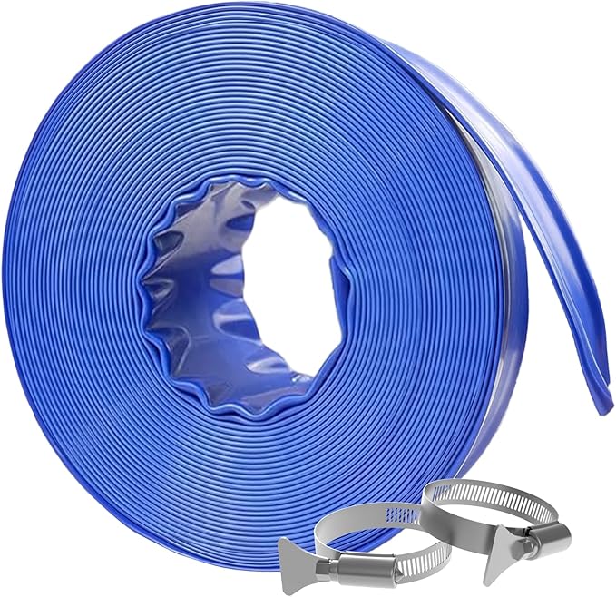 Poolvio Backwash Hose 2" x 50 ft, Blue Lay-Flat PVC Drain Hose with 2 Stainless Steel Thumb Screw Clamps, Tear-Resistant & Leak-Free for Swimming Pool Filter Cleaning, Flooded Area, Pond Draining