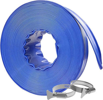 Poolvio Backwash Hose 2" x 50 ft, Blue Lay-Flat PVC Drain Hose with 2 Stainless Steel Thumb Screw Clamps, Tear-Resistant & Leak-Free for Swimming Pool Filter Cleaning, Flooded Area, Pond Draining