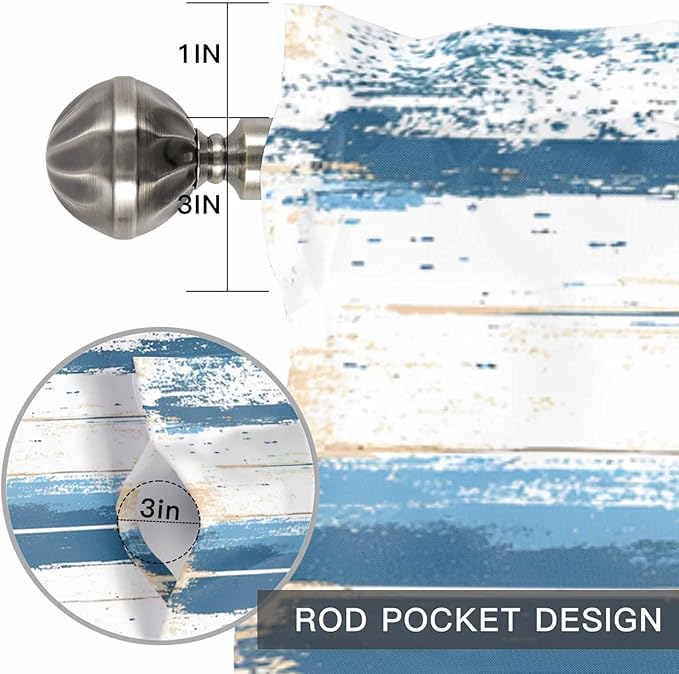 Vintage Blue Valances for Windows, Brown Wood Grain Mottled Texture Abstract Art Kitchen Valance Light Filtering Rod Pocket Short Curtains for Kitchen Bathroom, 1 Panel, 42"x18"