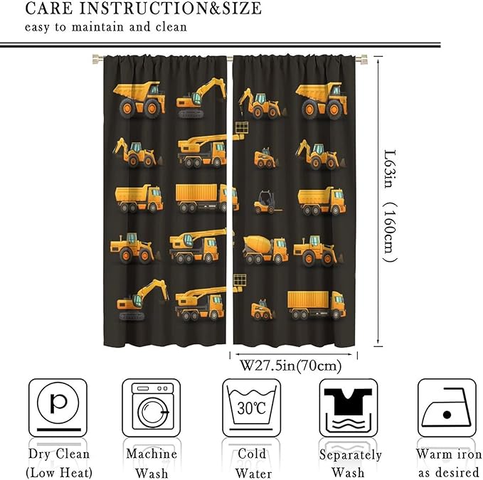 Kids Construction Window Curtains, Construction Machinery Equipment Mode of Transport Bulldozer Tractor Windows Curtain for Children Teens Room Decor 55x63in (30% Blackout)