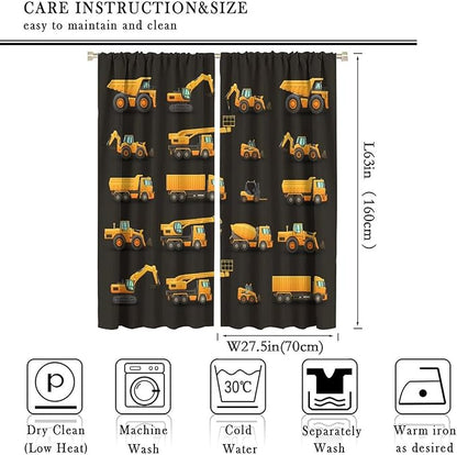Kids Construction Window Curtains, Construction Machinery Equipment Mode of Transport Bulldozer Tractor Windows Curtain for Children Teens Room Decor 55x63in (30% Blackout)