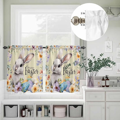 Happy Easter Kitchen Curtains Set 3 Piece for Windows,Rod Pocket Valance and Tier Set 24 Inch Length,Spring Grey Bunny Colorful Eggs Flower Brown Light Filtering Cafe Curtains for Living Room