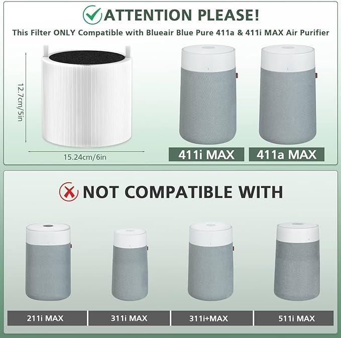 2 Pack 411i Max & 411a Max Replacement Filter Compatible with Blue Pure 411i Max & 411a Max Air Purifiers, Ture HEPA & Activated Carbon Filter, White