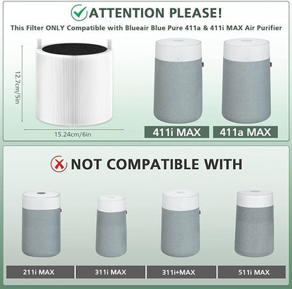 2 Pack 411i Max & 411a Max Replacement Filter Compatible with Blue Pure 411i Max & 411a Max Air Purifiers, Ture HEPA & Activated Carbon Filter, White