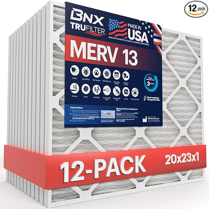 BNX TruFilter 20x23x1 Air Filter MERV 13 (12-Pack) - MADE IN USA - Electrostatic Pleated Air Conditioner HVAC AC Furnace Filters for Allergies, Pollen, Mold, Bacteria, Smoke, Allergen, MPR 1900 FPR 10