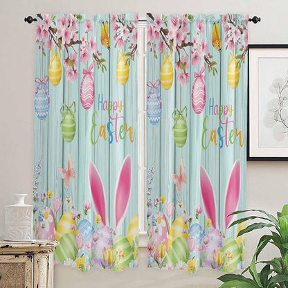 Happy Easter Living Room Curtains 72 Inches length, Spring Bunny Eggs Flower Teal Wood Grain Window Treatment Curtain Drapes, Light Filtering Drapes for Bedroom Laundry Room, 52"x72", 2 Panels