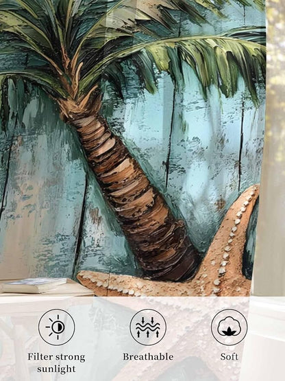 Sheer Curtains 84 Inches Long, Coastal Blue Green Tree Semi Sheer Curtains Light Filtering Window Treatment, Beach Tropical Vintage Wood Grain Privacy Voile Drapes for Living Room Bedroom 52x84 Inch
