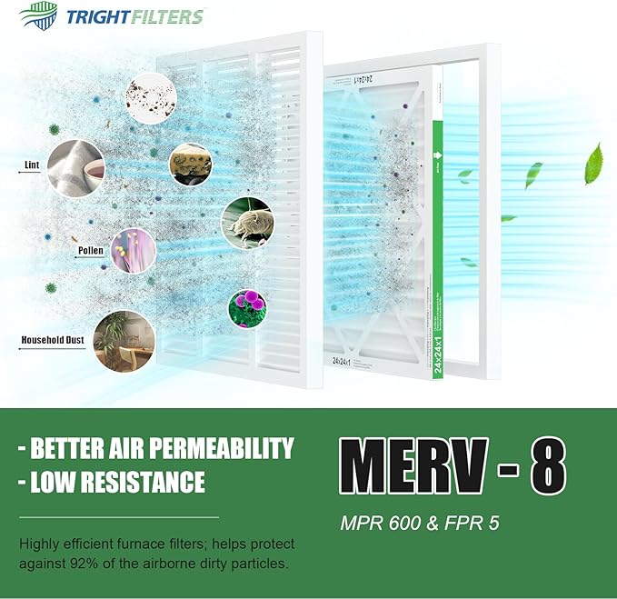 24x24x1 Air Filter 6 Pack, Durable MERV 8 Pleated Home HVAC AC Furnace Filters, Lightweight Compact Air Conditioner Filter Replacement