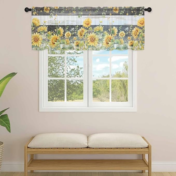 Summer Floral Sheer Valance Curtains, Watercolor Sunflower Eucalyptus Leaves Black Wood Grain Light Filtering Kitchen Valances Rod Pocket Voile Curtain for Bedroom/Living Room/Basement 54Wx18L