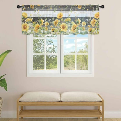 Summer Floral Sheer Valance Curtains, Watercolor Sunflower Eucalyptus Leaves Black Wood Grain Light Filtering Kitchen Valances Rod Pocket Voile Curtain for Bedroom/Living Room/Basement 42Wx12L