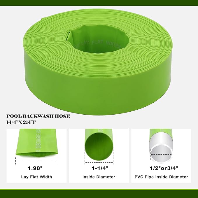 Eastrans 1-1/4'' x 25 FT Pool Backwash Hose with 2 Hose Clamps,Extra Heavy Duty Discharge Hose,Drain Hose for Swimming Pool,Super wear-resistant,weather blast,green