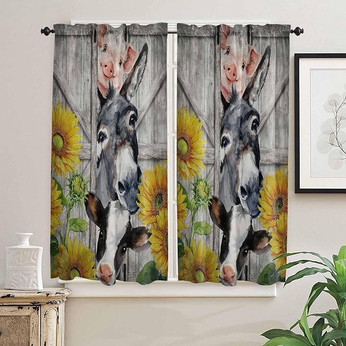 Farmhouse Bedroom Curtains 63 Inches length, Vintage Sunflowers Animals Printed Wood Grain Window Treatment Curtain Drapes, Rod Pocket Curtain Panels for Living Room Kitchen, 42"x63", 2 Panels