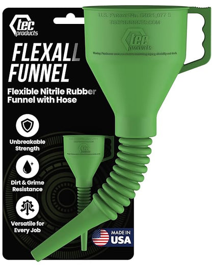 TEC Products FlexAll Long Flexible Funnels - Automotive Oil Funnel with Hose, Durable Nitrile Rubber for Oil Change, Transmission Funnel Fluid, Diesel, Fuel, Gas - Made in USA - Green (16 x 5 Inches)