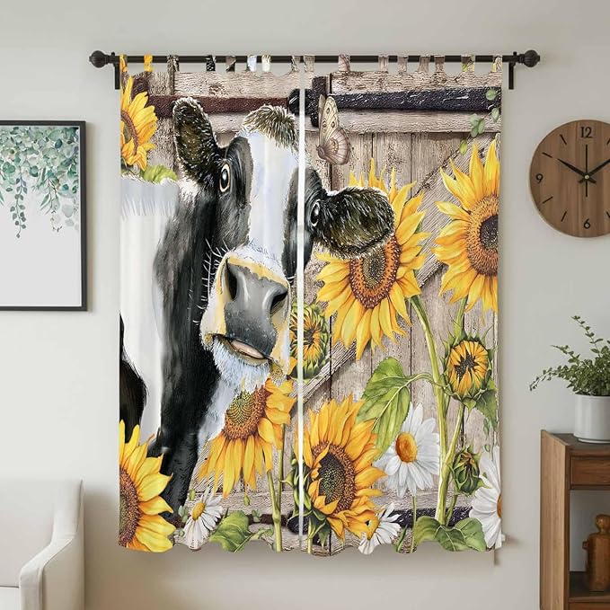 Retro Farmhouse Flower Living Room Curtains 96 Inch Length, Window Curtains Tab Top, Yellow Sunflowers Cow Barn Doors Brown Light Filtering Window Treatments Drapes 52"x96" 2 Panel