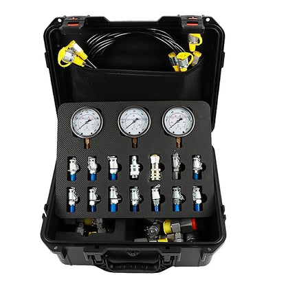 SINOCMP Hydraulic Pressure 3 Gauges(25/40/60MPa) Test Kit with 4 Test Hoses & 14 Straight Connectors & 19 Tee Connectors for Construction Machinery Excavator(Black)