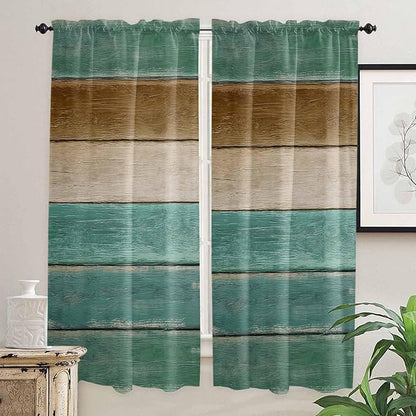 Vintage Plank Turquoise Brown Window Valance Curtains, Farmhouse Wood Grain Light Filtering Kitchen Valance with 3-inch Rod Pocket for Living Room Bathroom Bedroom,2 Panel,52x72In