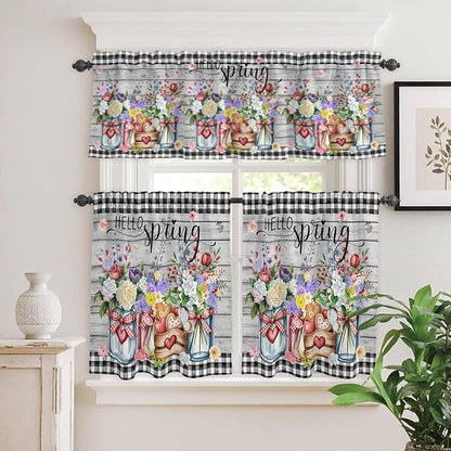 Spring Flowers Kitchen Curtains Set 3 Piece for Windows, Rod Pocket Valance and Tier Set 36 Inch Length, Farmhouse Black Plaid Wood Grain Light Filtering Cafe Curtains for Living Room Bathroom