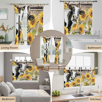 Retro Farmhouse Flower Bedroom Curtains 63 Inch Length, Window Curtains Tab Top, Yellow Sunflowers Cow Barn Doors Brown Light Filtering Window Treatments Drapes 42"x63" 2 Panel