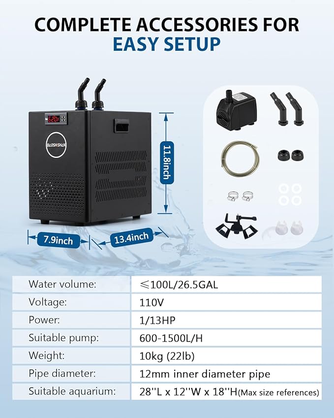 BAOSHISHAN Aquarium Chiller 26gal 1/13 HP Fish Tank Chiller Water Chiller for Aquarium with Pipe Clamp Suction Cup Compressor Refrigeration Quiet Chiller for Axolotl Coral Jellyfish