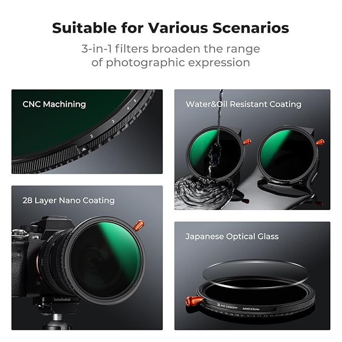 K&F CONCEPT 55mm Black Diffusion Mist Effect 1/4 & Variable ND2-32(1-5 Stops) & Circular Polarizing Filter CPL-in 1 HD Lens Filter with 28 Multi-Coatings for Camera Lenses (Nano-X Series)