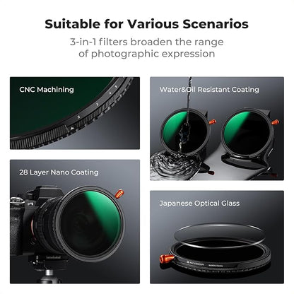 K&F CONCEPT 49mm Black Diffusion Mist Effect 1/4 & Variable ND2-32(1-5 Stops) & Circular Polarizing Filter CPL-in 1 HD Lens Filter with 28 Multi-Coatings for Camera Lenses (Nano-X Series)
