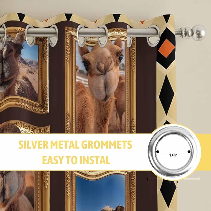 2 Panel Kitchen Cafe Curtains, Wildlife Camels Sunlight Filtering Nature Air Through, Home Decor Window Covering Tier Curtains for Living Room 80W x 84L inch Deserts Animals Brown Geometric Rustic