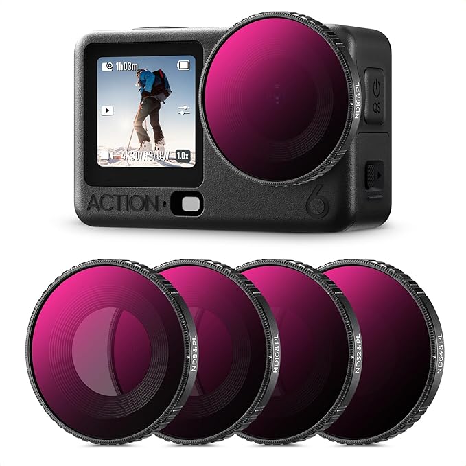 K&F CONCEPT ND/PL Filter Kit Compatible with DJI Osmo Action 6, 4Pack ND8/PL ND16/PL ND32/PL ND64/PL Screw On Polarizing Neutral Density Filter HD Optical Glass/Multi-Coated Action Camera Accessories