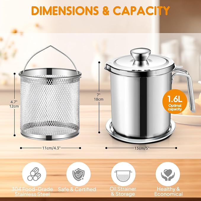 Chihee Grease Container Deep Fryer 2 in 1 Stainless Steel Bacon Grease Saver with Fine Mesh Strainer Fry Basket 2L / 67.6 fl oz Oil Container Grease Can with Lid Tray for Kitchen Storing Frying
